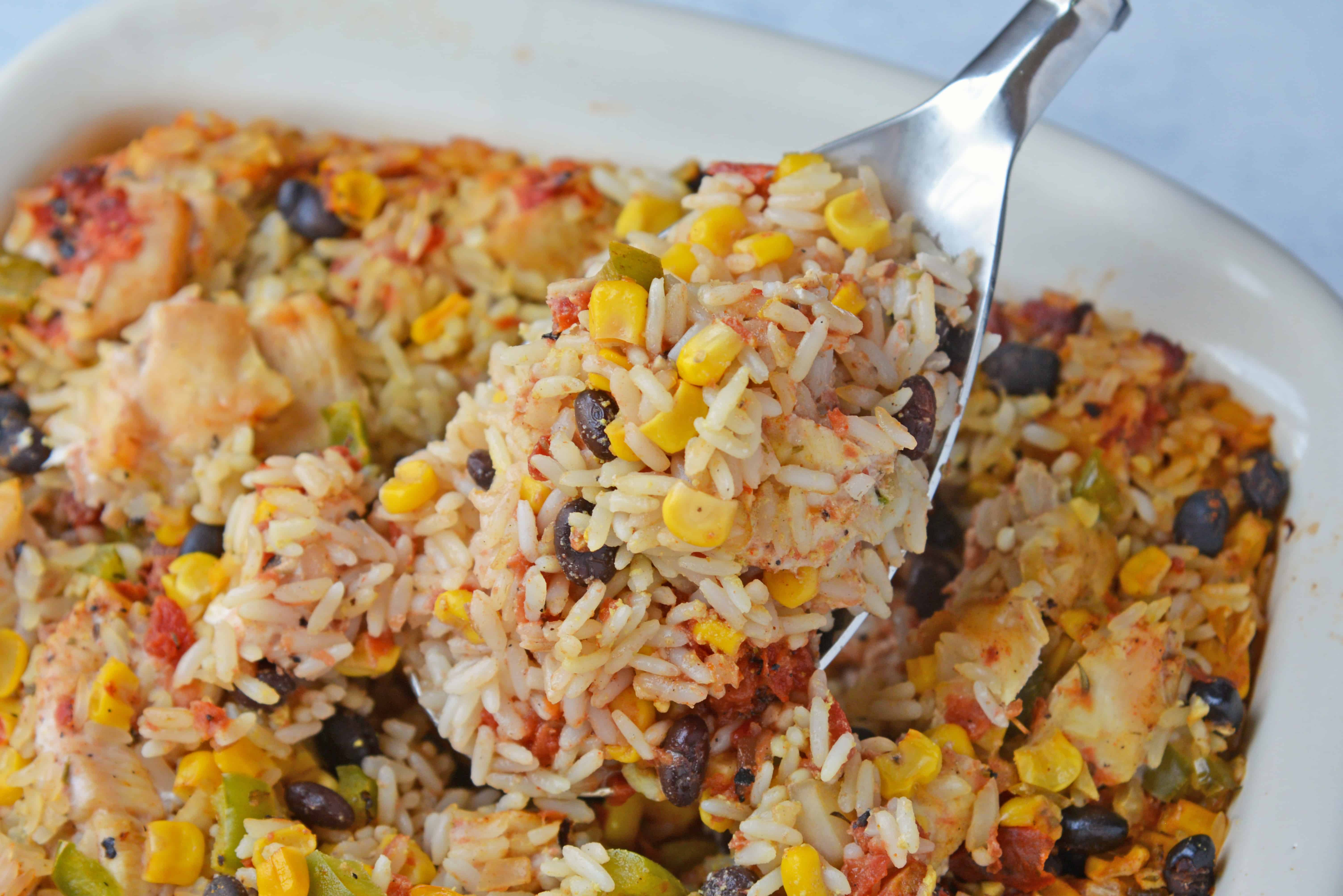 Southwest Chicken Casserole is an easy one-dish meal using chicken, rice, black beans, tomato, corn and southwest spices. #chickencasserole #onedishchickenrecipe www.savoryexperiments.com