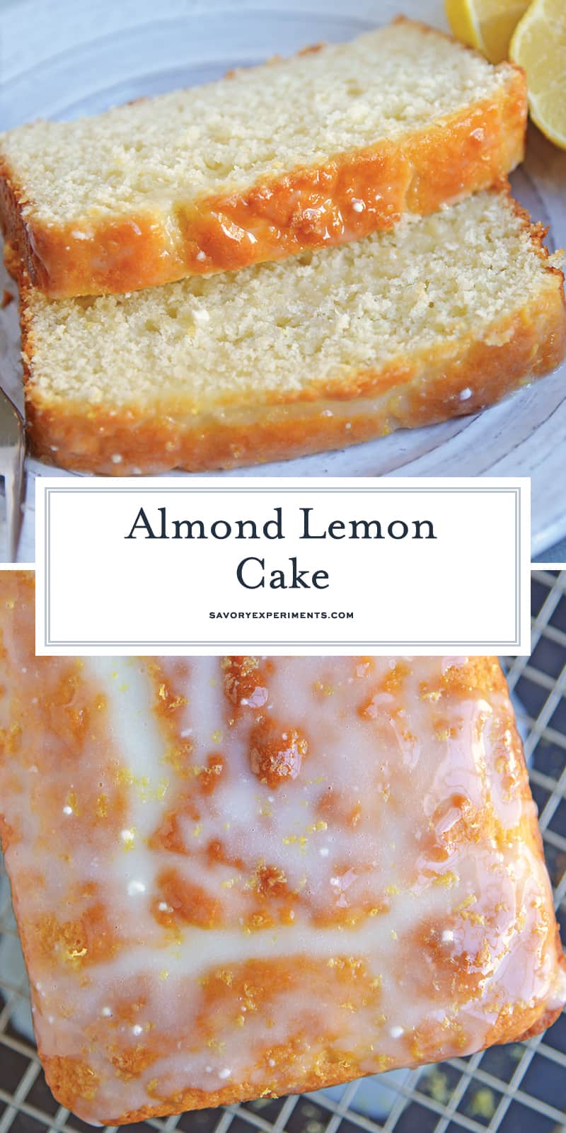 Yogurt, fresh lemon and almond give this sunny loaf cake a unique flavor and texture that everyone will love. Perfect for brunch, tea or dessert! #loafcake #lemoncake #almondcake www.savoryexperiments.com 