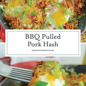 BBQ Pulled Pork Hash is my hands down, favorite Sunday brunch recipe. Ready in only 15 minutes and easily modified, it is simple and tasty. #bbqpulledpork #breakfasthash www.savoryexperiments.com