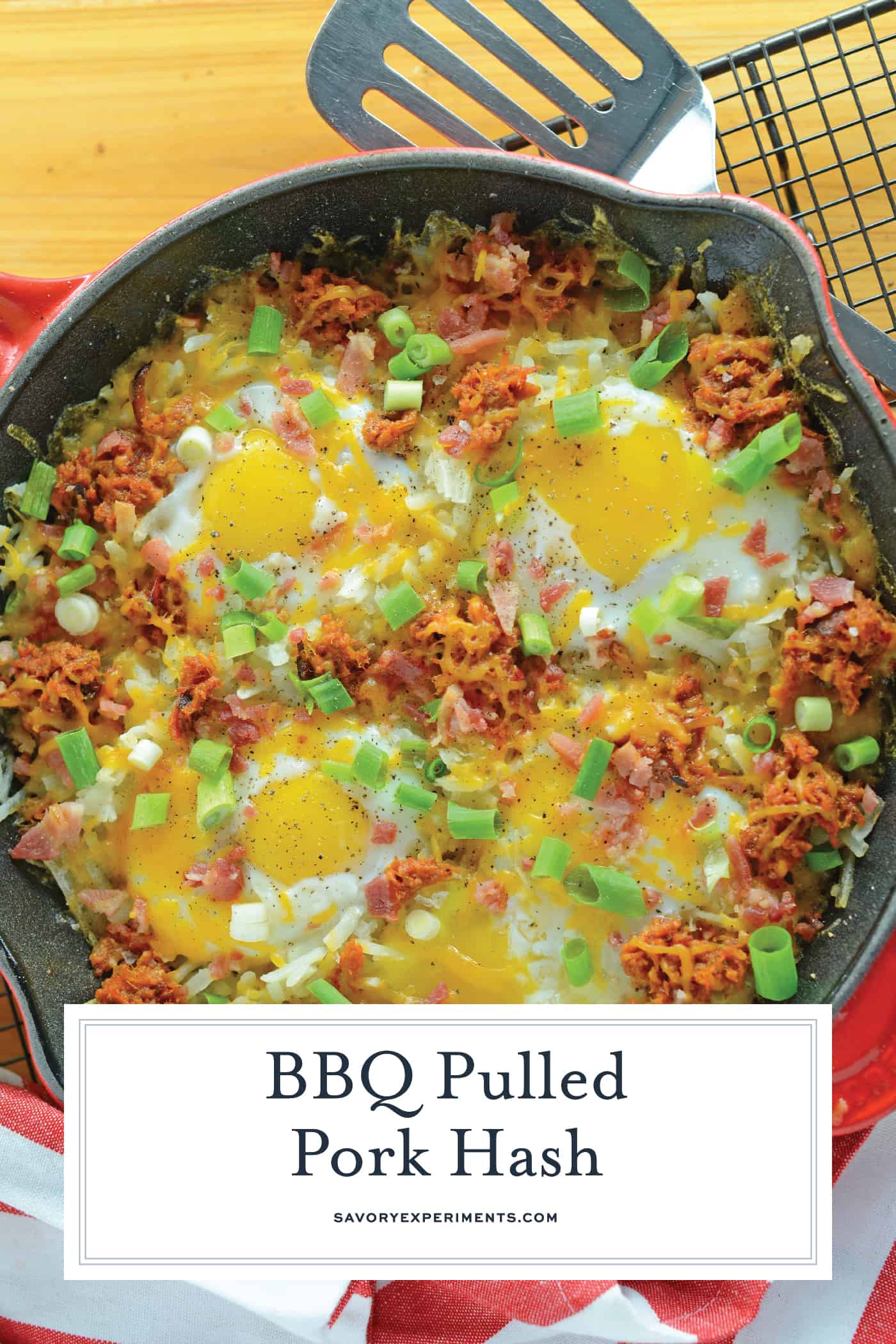 BBQ Pulled Pork Hash is my hands down, favorite Sunday brunch recipe. Ready in only 15 minutes and easily modified, it is simple and tasty. #bbqpulledpork #breakfasthash www.savoryexperiments.com