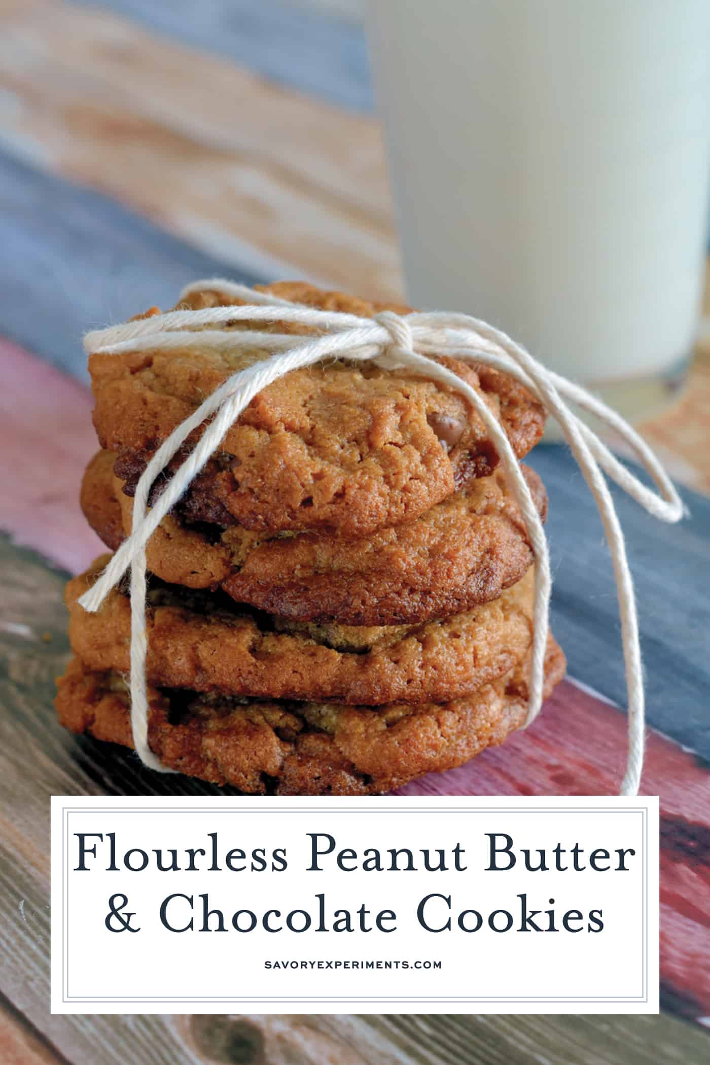 Flourless Peanut Butter Chocolate Chip Cookies are gluten-free and easy to make! A twist on classic peanut butter cookies. #flourlesscookies #glutenfreecookies www.savoryexperiments.com