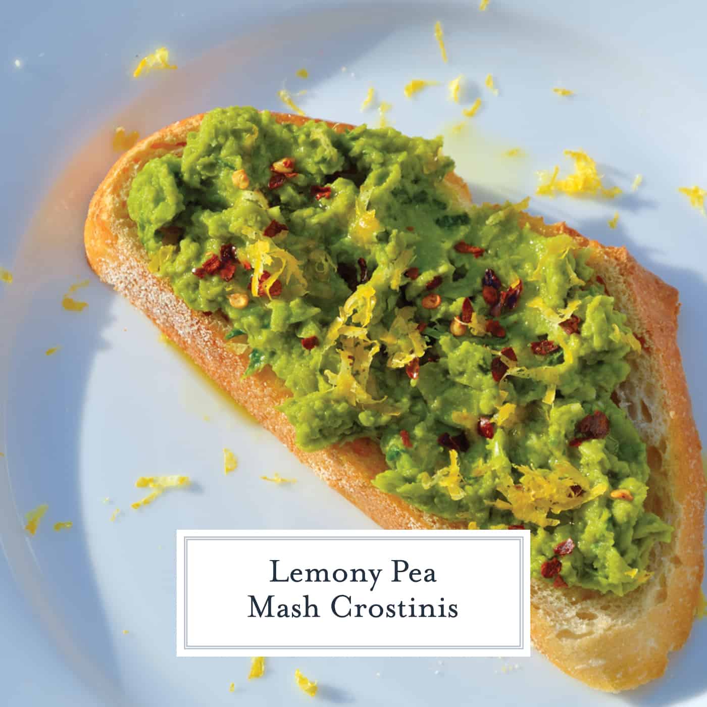 Lemony Pea Mash uses vibrant green peas with garlic and lemon to make a crunchy crostini that varies in taste and texture. #mashedpeas #crostinirecipes www.savoryexperiments.com 