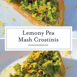 Lemony Pea Mash uses vibrant green peas with garlic and lemon to make a crunchy crostini that varies in taste and texture. #mashedpeas #crostinirecipes www.savoryexperiments.com
