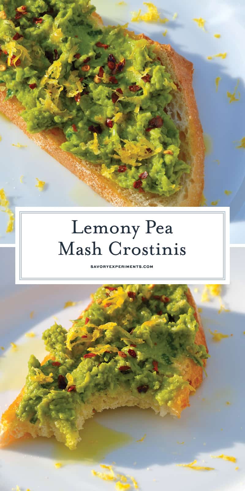 Lemony Pea Mash uses vibrant green peas with garlic and lemon to make a crunchy crostini that varies in taste and texture. #mashedpeas #crostinirecipes www.savoryexperiments.com 