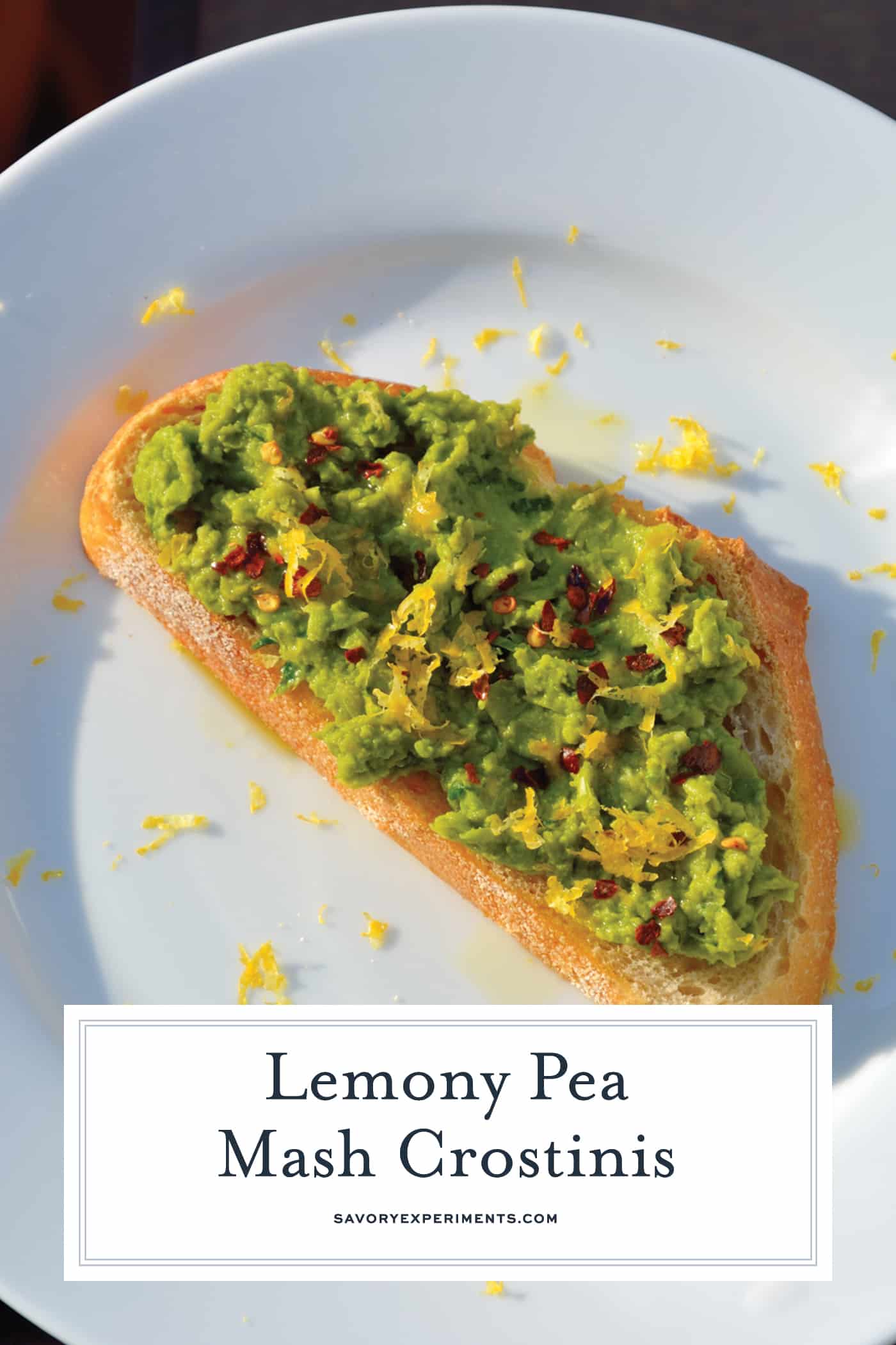 Lemony Pea Mash uses vibrant green peas with garlic and lemon to make a crunchy crostini that varies in taste and texture. #mashedpeas #crostinirecipes www.savoryexperiments.com