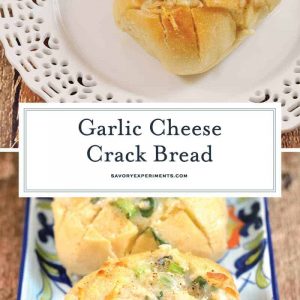 Individual Garlic Cheese Crack Bread is bread cut in a crisscross pattern, stuffed with cheese, drenched in  garlic butter and baked to golden perfection. #garlicbread #crackbread www.savoryexperiments.com