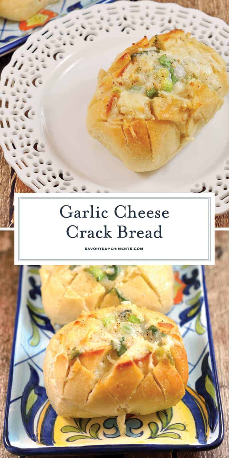 Individual Garlic Cheese Crack Bread is bread cut in a crisscross pattern, stuffed with cheese, drenched in  garlic butter and baked to golden perfection. #garlicbread #crackbread www.savoryexperiments.com 