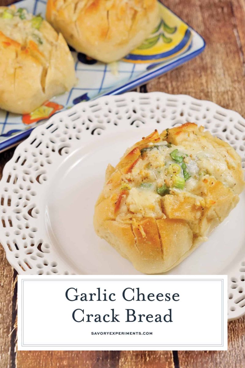 Individual Garlic Cheese Crack Bread is bread cut in a crisscross pattern, stuffed with cheese, drenched in  garlic butter and baked to golden perfection. #garlicbread #crackbread www.savoryexperiments.com