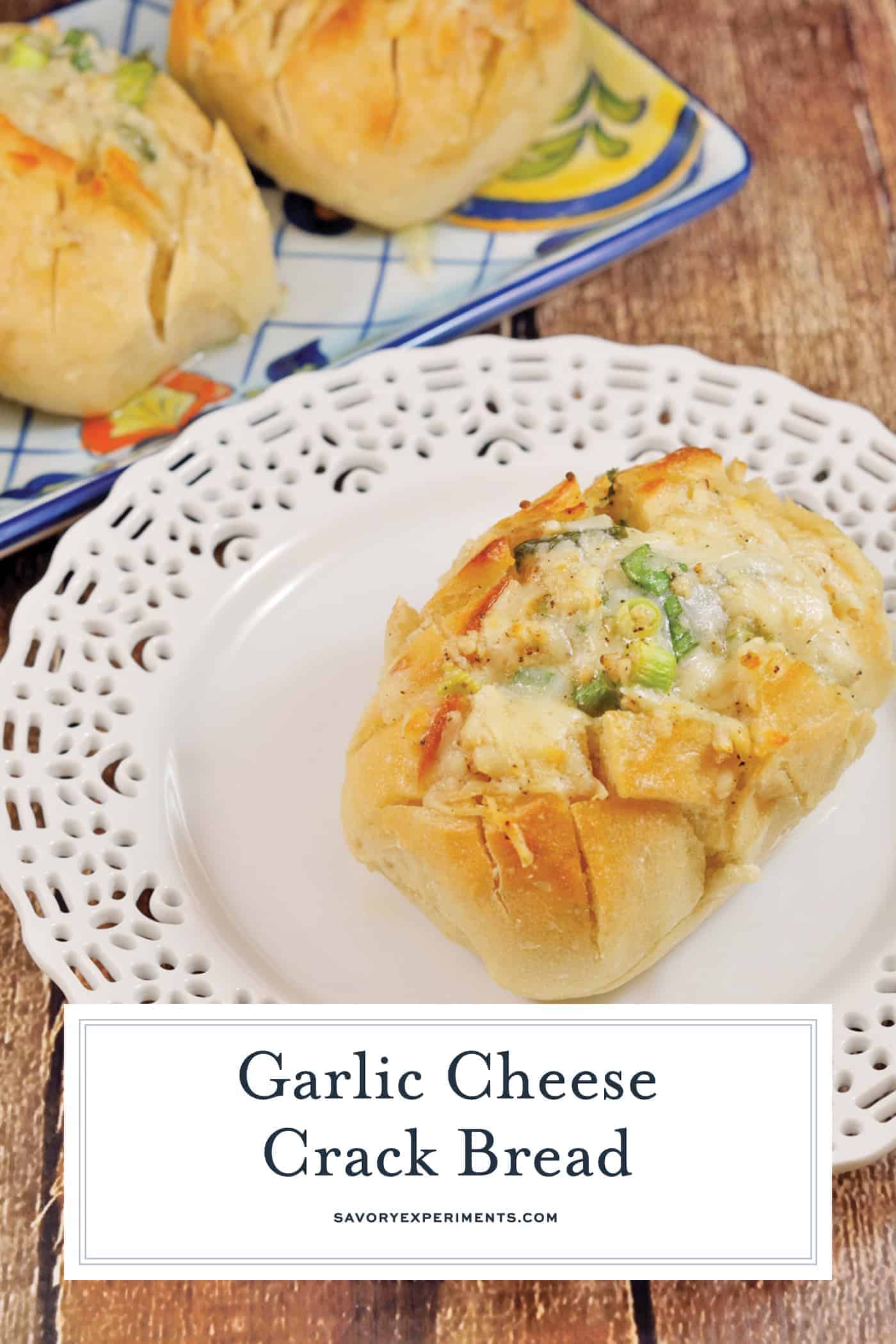 Individual Garlic Cheese Crack Bread is bread cut in a crisscross pattern, stuffed with cheese, drenched in garlic butter and baked to golden perfection. #garlicbread #crackbread www.savoryexperiments.com