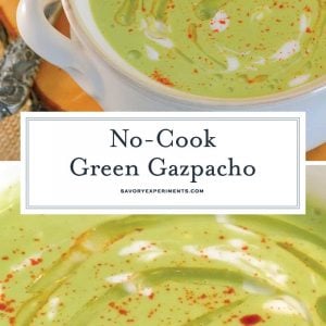 Green Gazpacho is a chilled soup made from cucumber, tomatillos and jalapenos with a yogurt base. A perfect make ahead soup to serve on a hot summer day! #gazpachoreciep #chilledsoup www.savoryexperiments.com