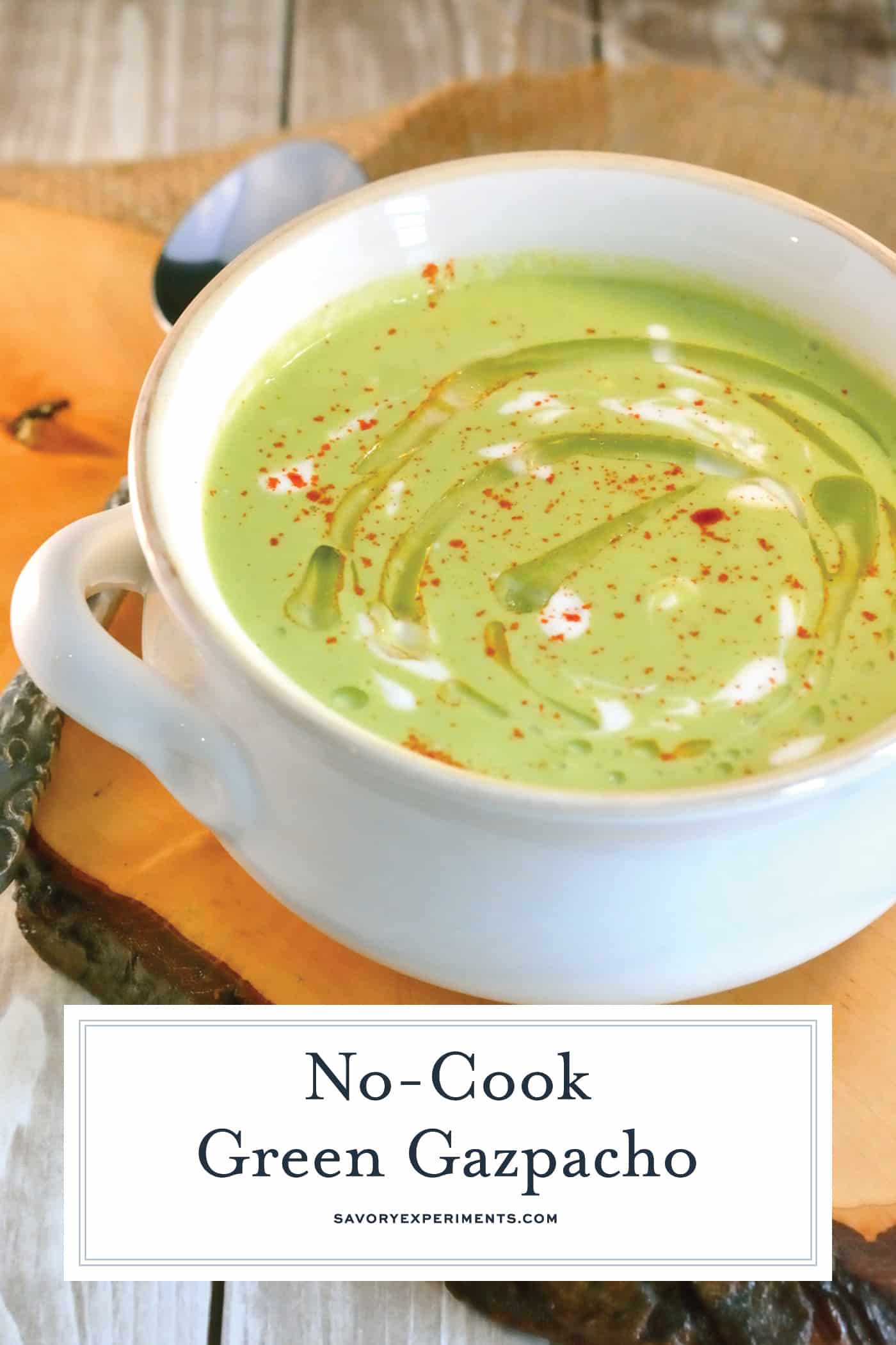 Green Gazpacho is a chilled soup made from cucumber, tomatillos and jalapenos with a yogurt base. A perfect make ahead soup to serve on a hot summer day! #gazpachoreciep #chilledsoup www.savoryexperiments.com