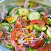 Grilled Corn, Tomato and Cucumber Salad Recipe- grilled corn and farmer's market vegetables with Asian flair. | #cucumbersalad | www.savoryexperiments.com