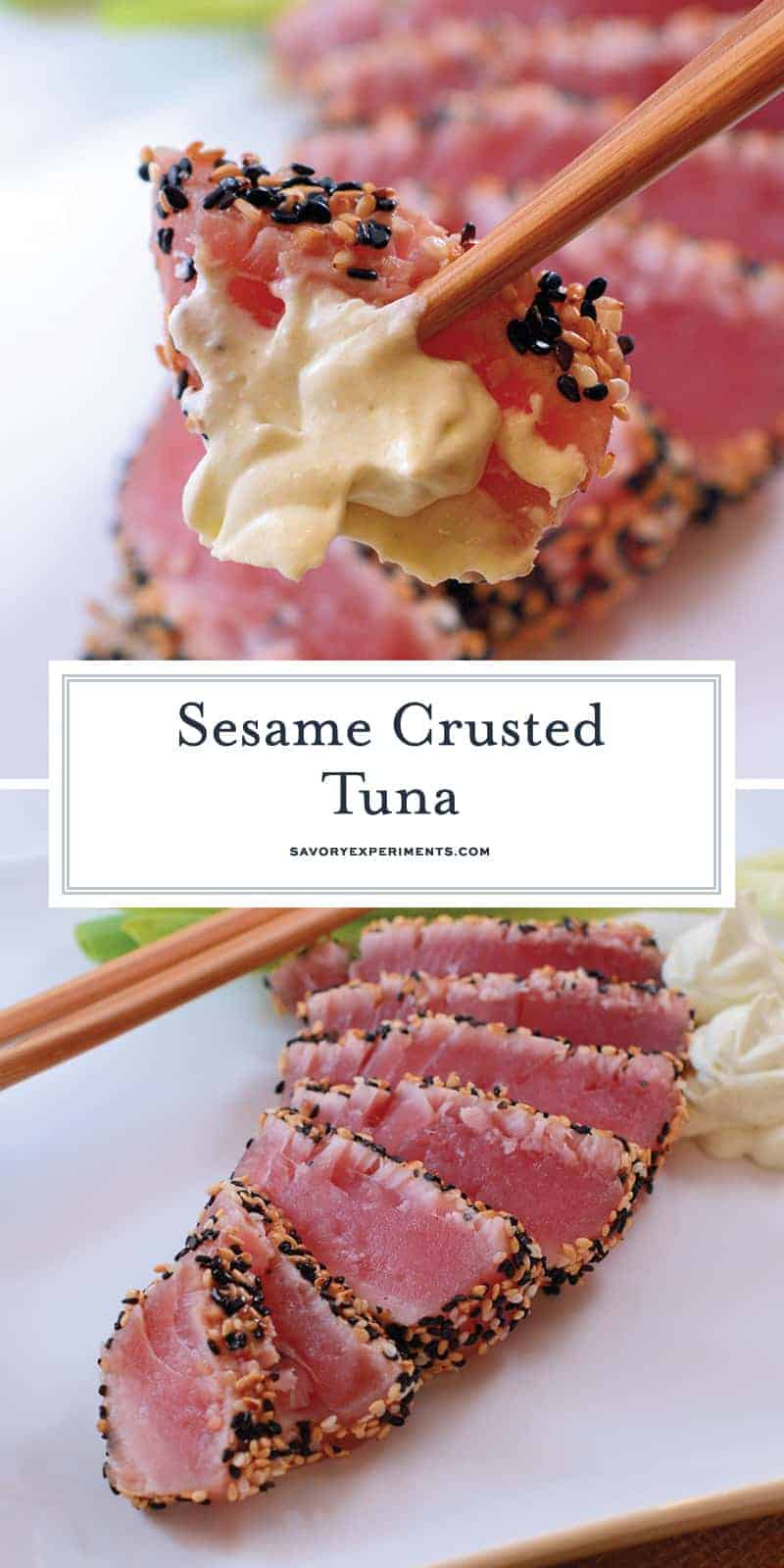 Sesame Crusted Tuna with Wasabi Whipped Cream is an easy and healthy meal that comes together in 15 minutes. #tunarecipe #tunasteakrecipe www.savoryexperiments.com