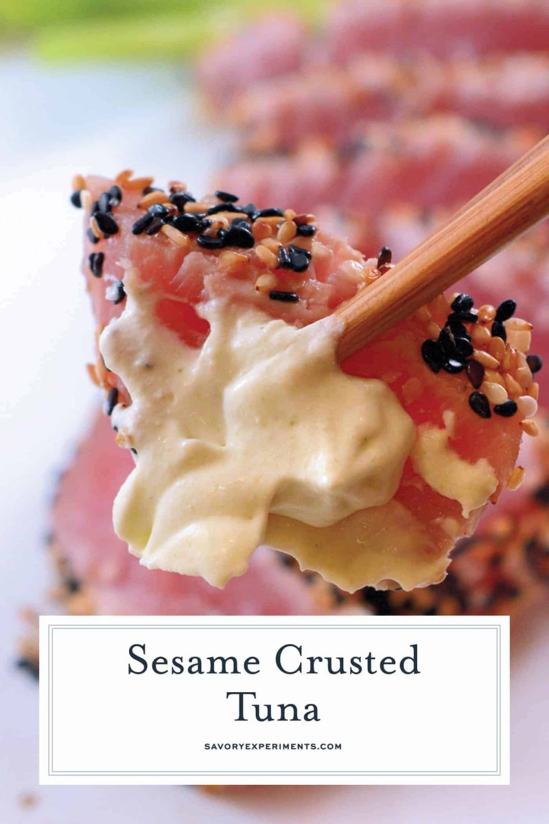 Sesame Crusted Tuna with Wasabi Whipped Cream is an easy and healthy meal that comes together in 15 minutes. #tunarecipe #tunasteakrecipe www.savoryexperiments.com