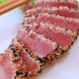 Sesame Crusted Tuna with Wasabi Whipped Cream is an easy and healthy meal that comes together in 15 minutes. #tunarecipe #tunasteakrecipe www.savoryexperiments.com
