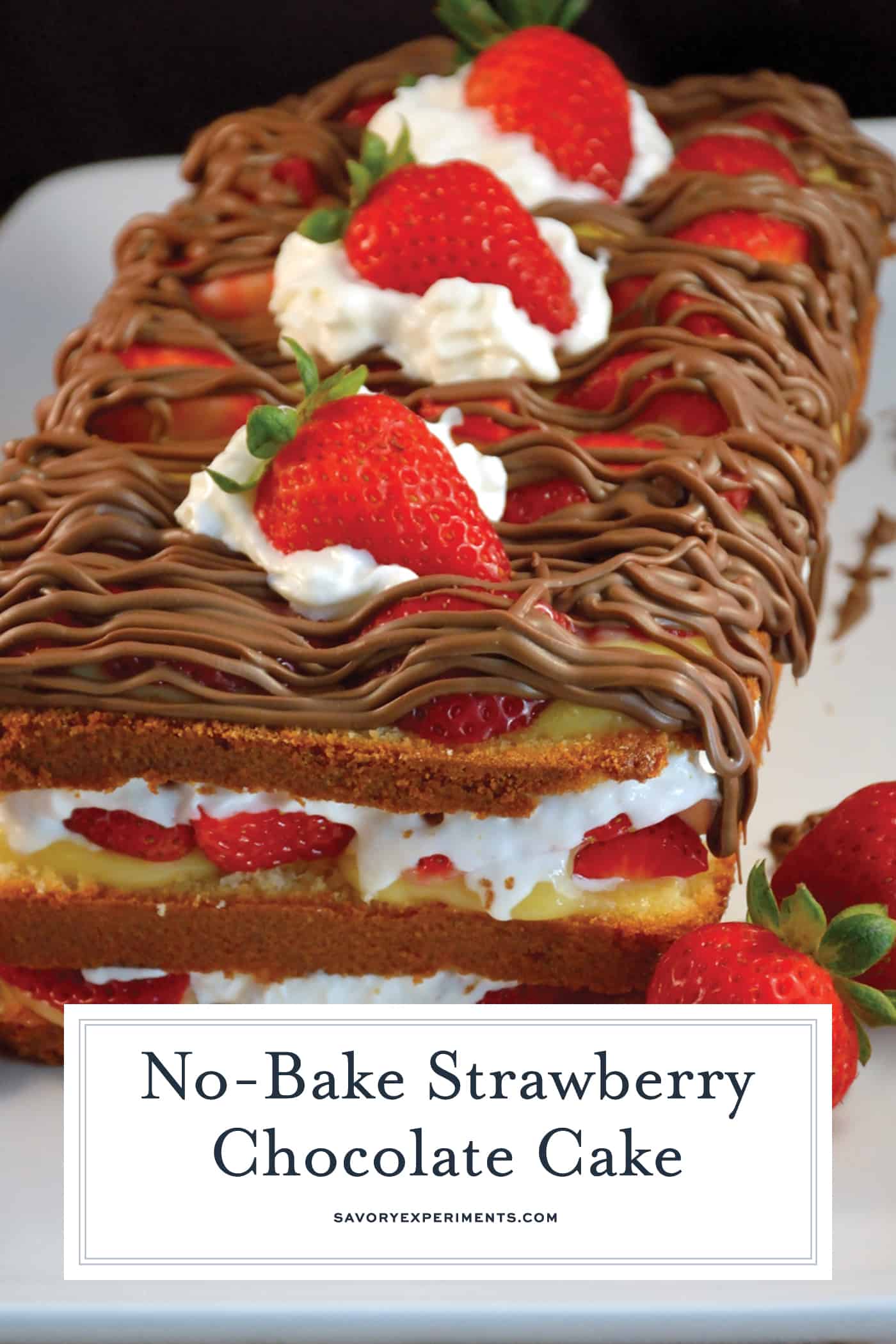 No-Bake Chocolate Strawberry Cake combines layers of pound cake with fresh strawberries, milk chocolate and whipped cream. It can be made ahead and is perfect for parties! #nobakecake #nobakedesserts www.savoryexperiments.com