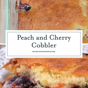 Peach and Cherry Cobbler is an easy cobbler recipe perfect for brunch or dessert. Serve with a scoop of vanilla bean ice cream!  #cobblerrecipe #homemadecobbler www.savoryexperiments.com