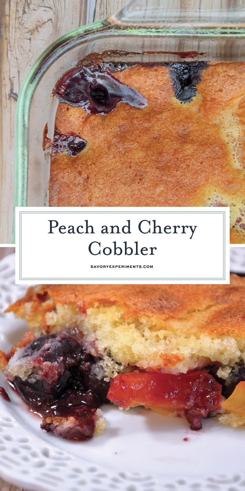 Peach and Cherry Cobbler is an easy cobbler recipe perfect for brunch or dessert. Serve with a scoop of vanilla bean ice cream!  #cobblerrecipe #homemadecobbler www.savoryexperiments.com 