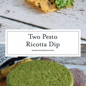 Two Pesto Ricotta Dip combines layers of traditional basil pesto, roasted red pepper and sun dried tomato pesto with ricotta, goat and Parmesan cheese. Chilled in a mold, it is a beautiful red, green and white! #pestodip #ricottadip www.savoryexperiments.com