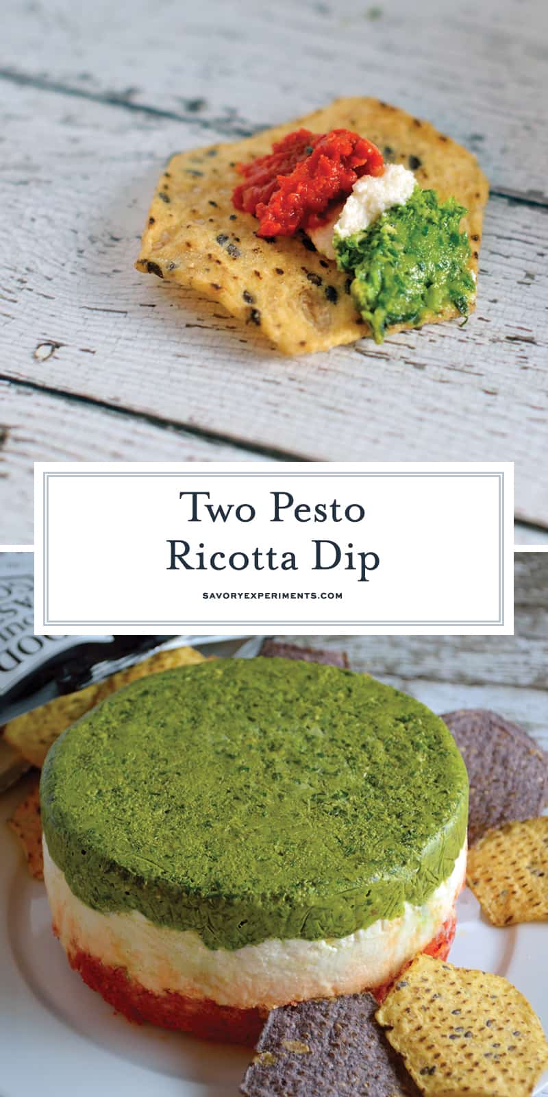 Two Pesto Ricotta Dip combines layers of traditional basil pesto, roasted red pepper and sun dried tomato pesto with ricotta, goat and Parmesan cheese. Chilled in a mold, it is a beautiful red, green and white! #pestodip #ricottadip www.savoryexperiments.com