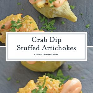 Crab Dip Stuffed Artichoke Hearts takes traditional hot crab dip and bakes in an artichoke heart, topping it with crunchy panko and Sriracha Aioli. #hotcrabdip #artichokerecipes #crabappetizers www.savoryexperiments.com