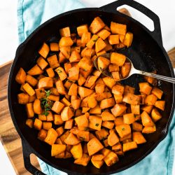 overhead of pan fried sweet potatoes