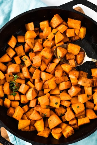 overhead of pan fried sweet potatoes