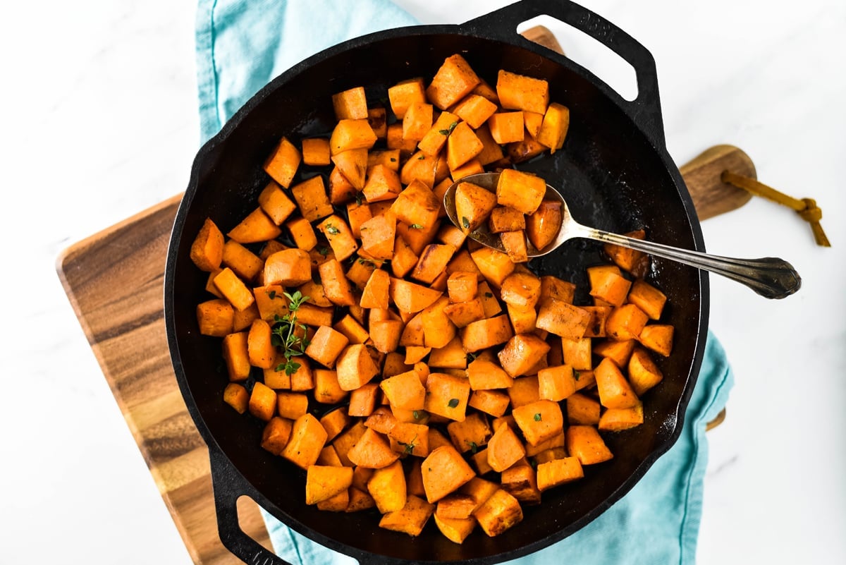 overhead of pan fried sweet potatoes