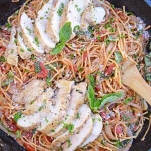 Chicken Bruschetta Pasta in a Cast Iron Skillet