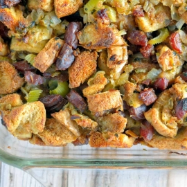 Chinese Sausage Stuffing Recipe is a unique blend of sweet and savory, the perfect holiday side dish for any turkey recipe.
