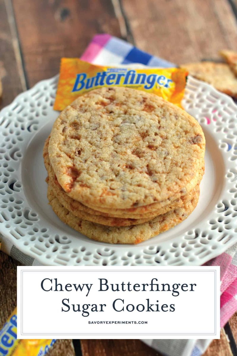 stack of butterfinger sugar cookies on a white plate 