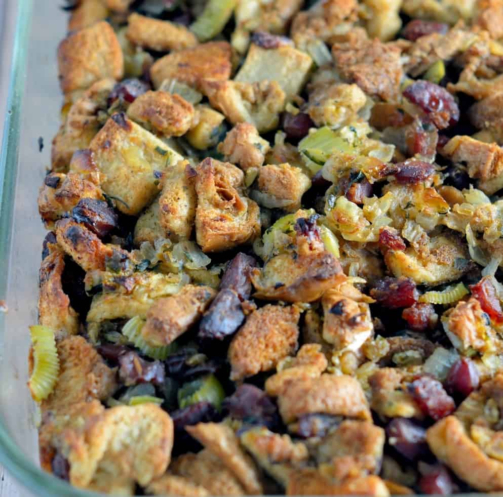 Chinese Sausage Stuffing Recipe is a unique blend of sweet and savory making it the perfect holiday side dish for any turkey recipe. #stuffing #chinesesausage #thanksgiving www.savoryexperiments.com