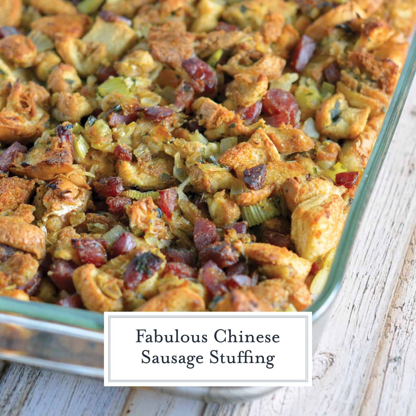 Chinese Sausage Stuffing Recipe is a unique blend of sweet and savory making it the perfect holiday side dish for any turkey recipe. #stuffing #chinesesausage #thanksgiving www.savoryexperiments.com