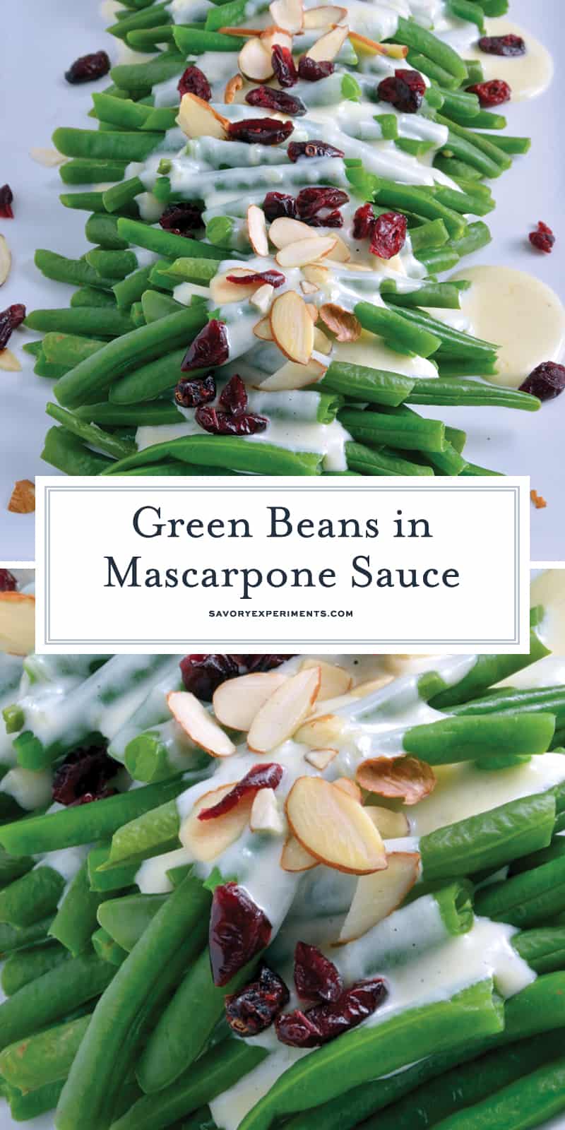 Green Beans in Mascarpone Cream Sauce is a sophisticated and delicious update to the old green bean casserole. It is sure to become a family favorite. #greenbeans #mascarponecreamsauce www.savoryexperiments.com