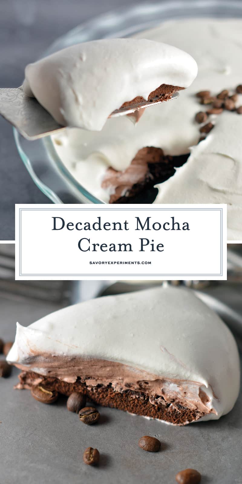 Mocha Cream Pie Recipe is three layers of delicious pie: brownie base, chocolate pudding, and whipped cream top all laced with coffee. #mochacreampie #brownies #creampie www.savoryexperiments.com