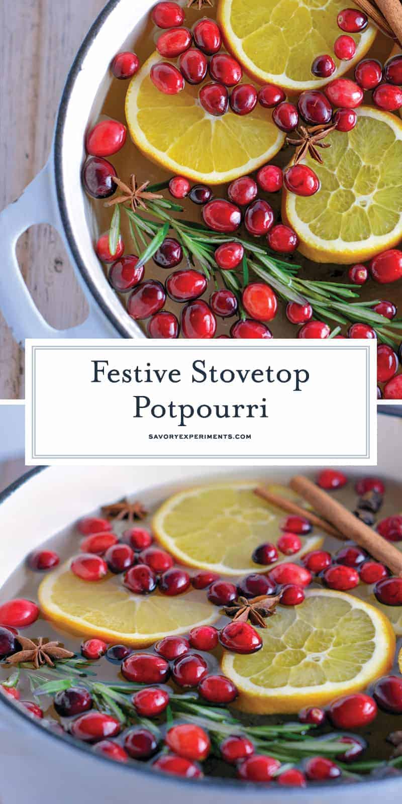 Stovetop Potpourri is a simple way to crank up the holiday cheer in your home using ingredients you probably already have in your refrigerator.  #aromatics #stovetoppotourri www.savoryexperiments.com