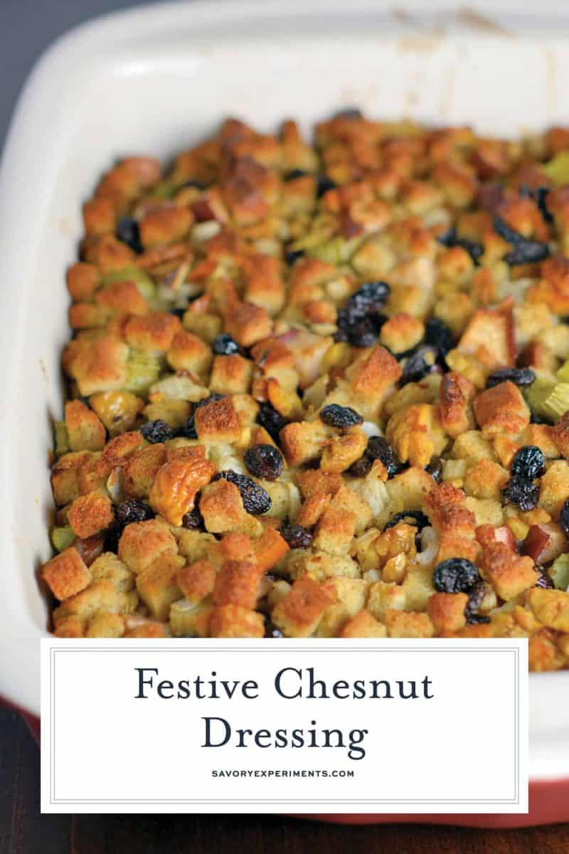 Chestnut Stuffing in a casserole dish 