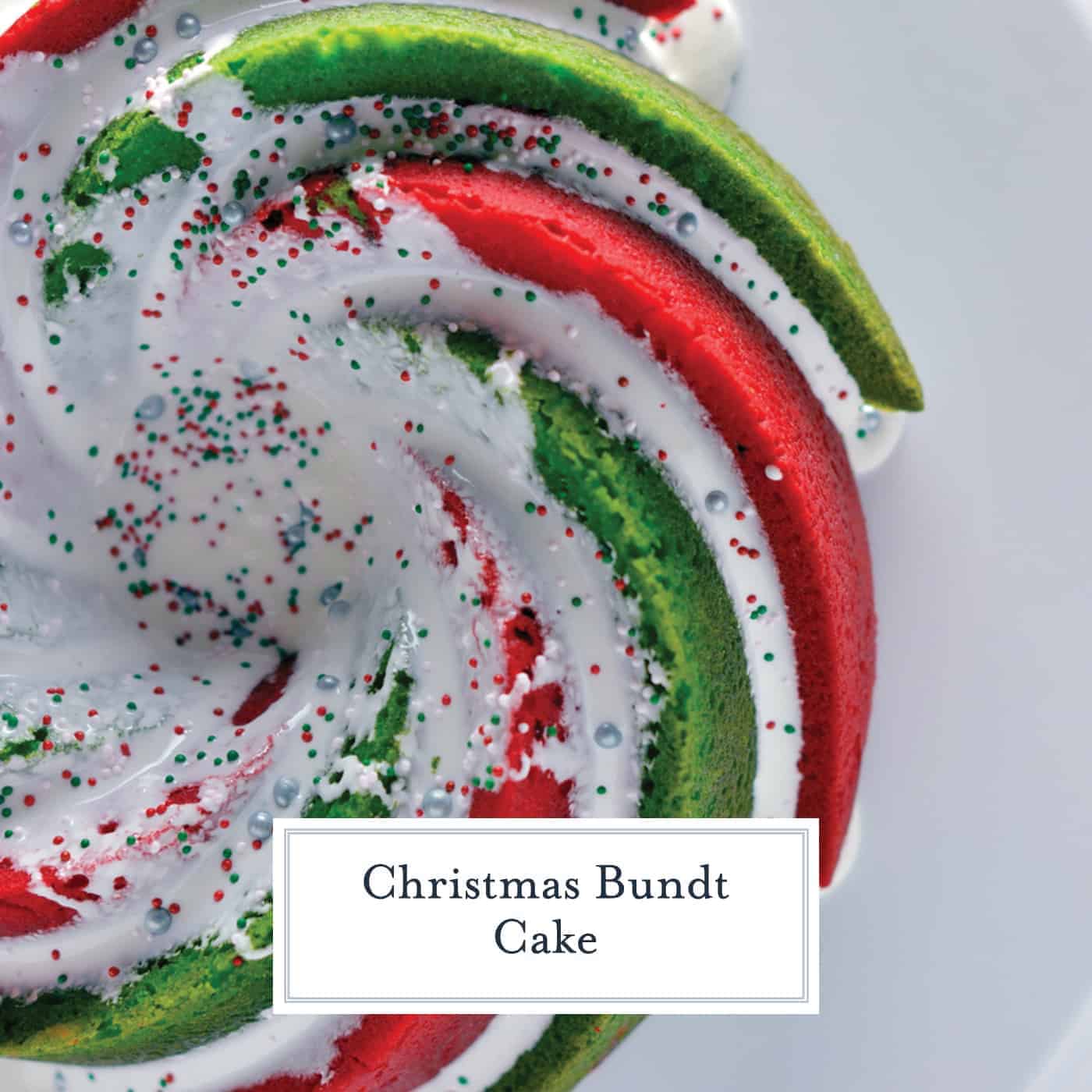 Christmas Bundt Cake is a delicious vanilla pound cake tinted with red and green swirls with a marshmallow fluff icing. Make this show stopping cake today! #bundtcakerecipes #christmascakes www.savoryexperiments.com