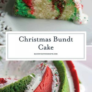 Christmas Bundt Cake is a delicious vanilla pound cake tinted with red and green swirls with a marshmallow fluff icing. Make this show stopping cake today! #bundtcakerecipes #christmascakes www.savoryexperiments.com