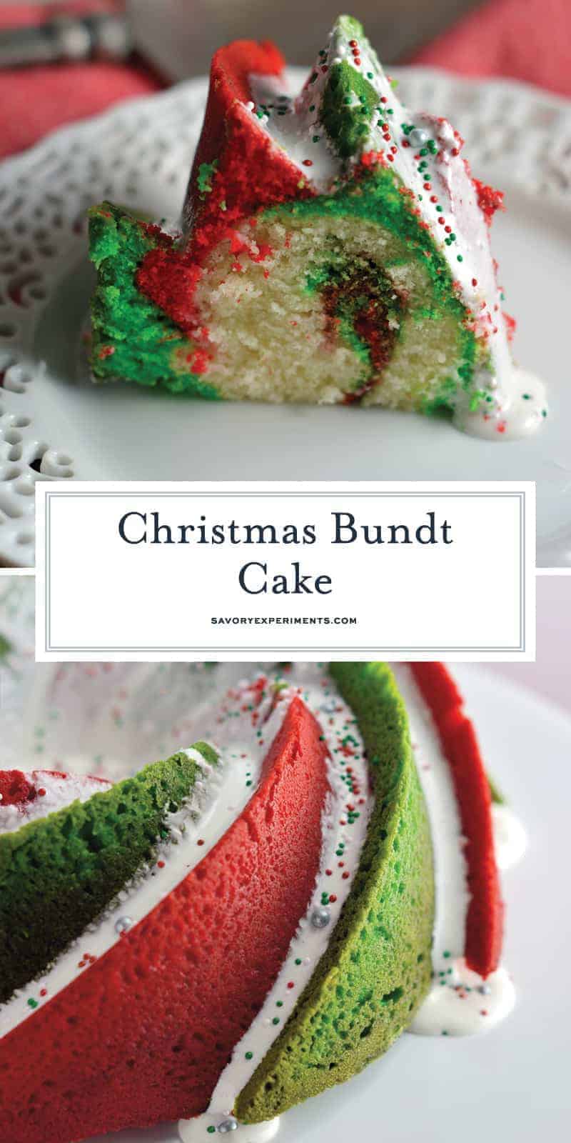 Christmas Bundt Cake is a delicious vanilla pound cake tinted with red and green swirls with a marshmallow fluff icing. Make this show stopping cake today! #bundtcakerecipes #christmascakes www.savoryexperiments.com 