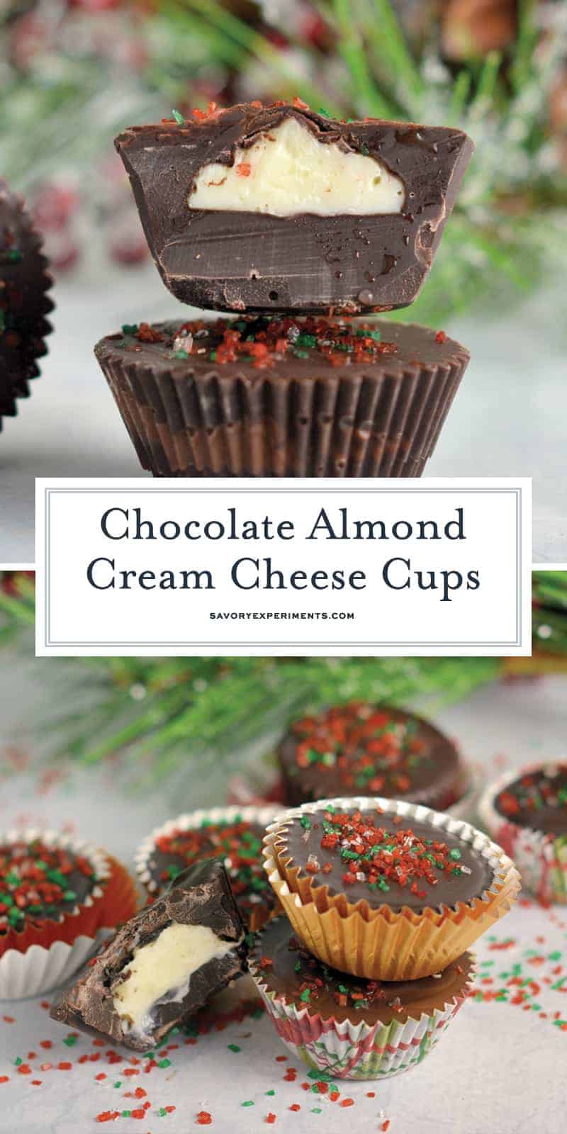Dark Chocolate Almond Cream Cheese Cups are my secret no-bake dessert weapon. In only 15 minutes and 5 ingredients you will have your new favorite dessert. #nobakedesserts #cheesecakecups www.savoryexperiments.com 