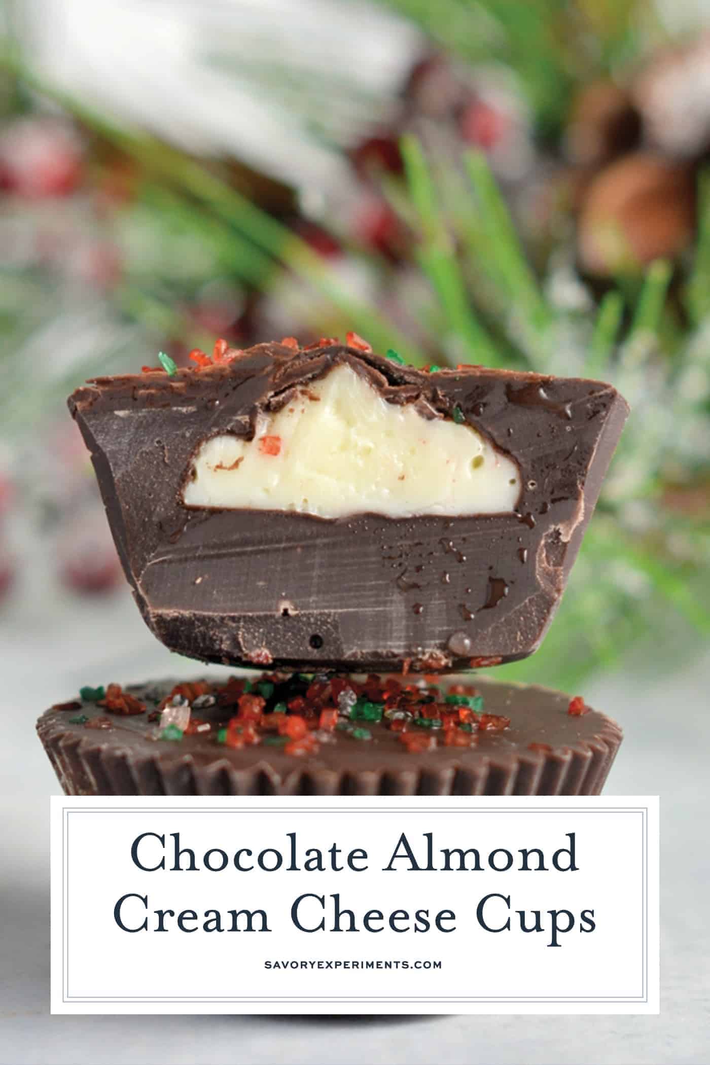 Dark Chocolate Almond Cream Cheese Cups are my secret no-bake dessert weapon. In only 15 minutes and 5 ingredients you will have your new favorite dessert. #nobakedesserts #cheesecakecups www.savoryexperiments.com