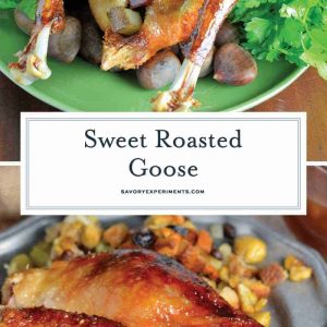 Sweet Roasted Goose is a tried and true recipe for a succulent goose with crispy skin and tender meat seasoned with apple, orange and potato stuffing. Top with Cumberland Sauce. #howtocookgoose #roastgoose www.savoryexperiments.com