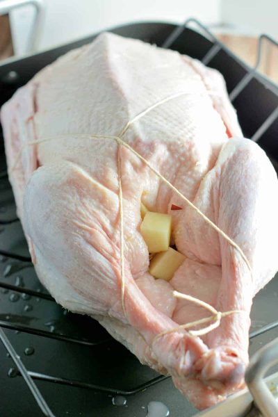 A close up of trussed goose