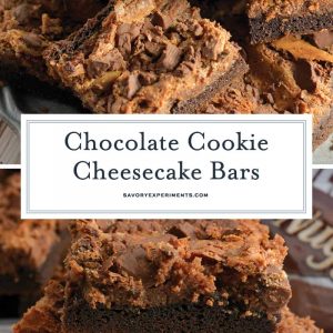 Triple Chocolate Cookie Cheesecake Bars are a bar with brownie cake mix base, chocolate cheesecake center and milk chocolate topping, this easy bar recipe will please any chocolate lover! #barrecipes #bestchocolaterecipes www.savoryexperiments.com