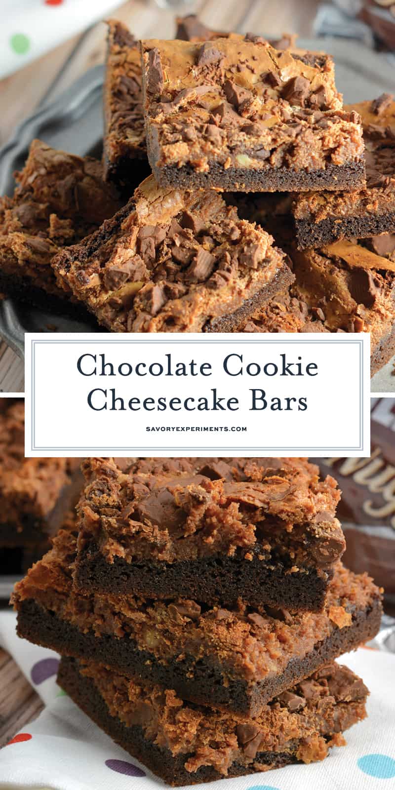 Triple Chocolate Cookie Cheesecake Bars are a bar with brownie cake mix base, chocolate cheesecake center and milk chocolate topping, this easy bar recipe will please any chocolate lover! #barrecipes #bestchocolaterecipes www.savoryexperiments.com 