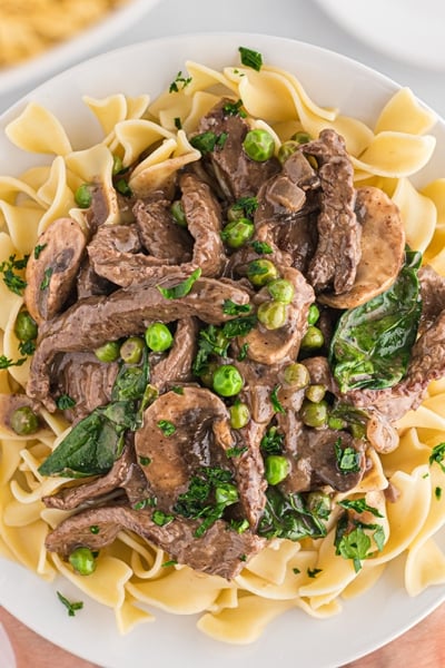 close up of beef stroganoff over wide egg noodles