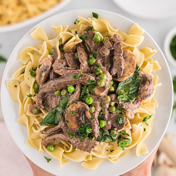 close up of beef stroganoff over wide egg noodles