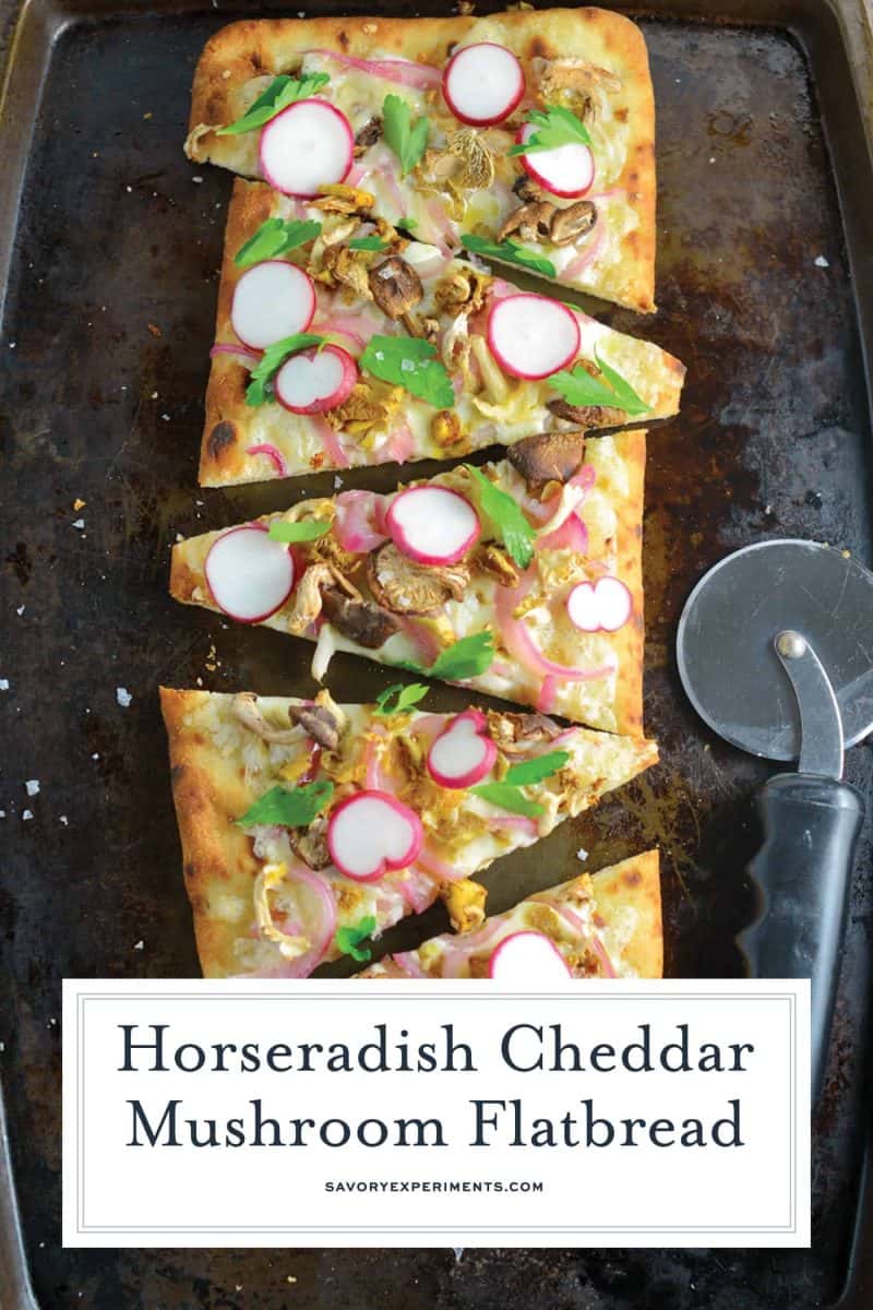 Horseradish Cheddar Mushroom Flatbread combines a mushroom blend, fresh radishes, pickled red onion, tangy horseradish cheddar cheese, Italian parsley and Maldon sea salt. Delicious! #vegetarianappetizers #flatbreadrecipes www.savoryexperiments.com