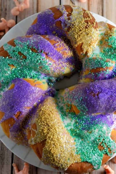 Overhead view of Mardi Gras King Cake